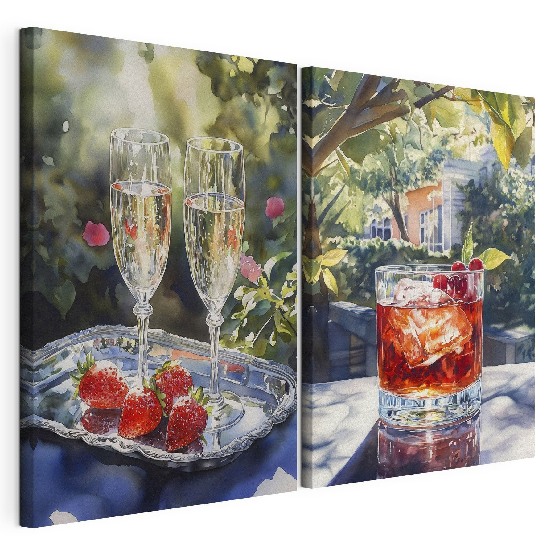 Watercolor painting of glasses of wine and strawberries Watercolor painting of glasses of wine and strawberries