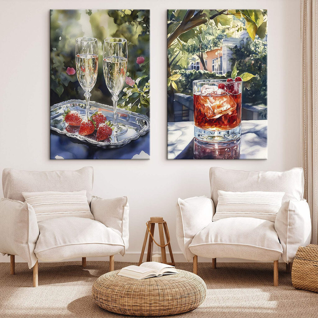Watercolor painting of glasses of wine and strawberries Watercolor painting of glasses of wine and strawberries