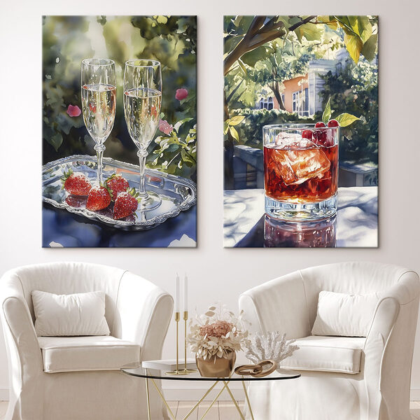 Watercolor painting of glasses of wine and strawberries Watercolor painting of glasses of wine and strawberries