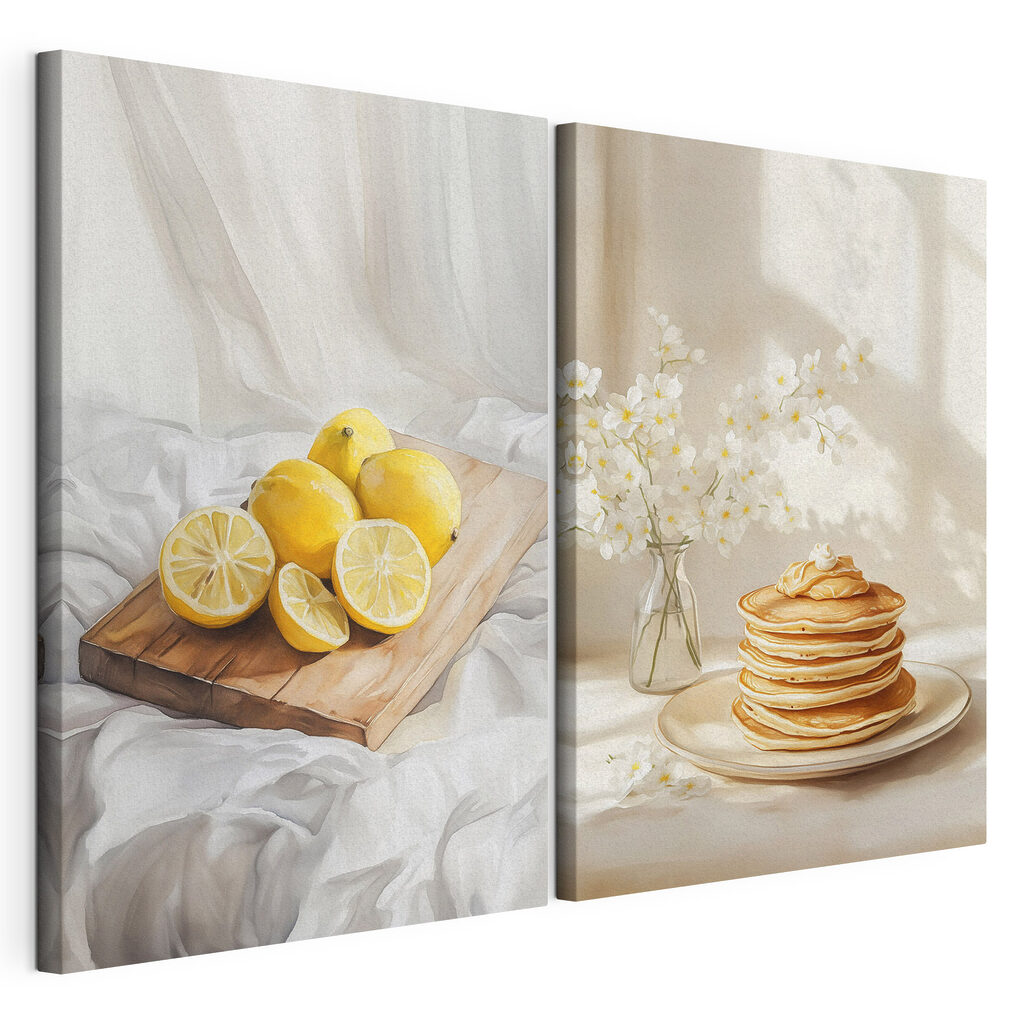 Lemons on a cutting board and a stack of pancakes Lemons on a cutting board and a stack of pancakes
