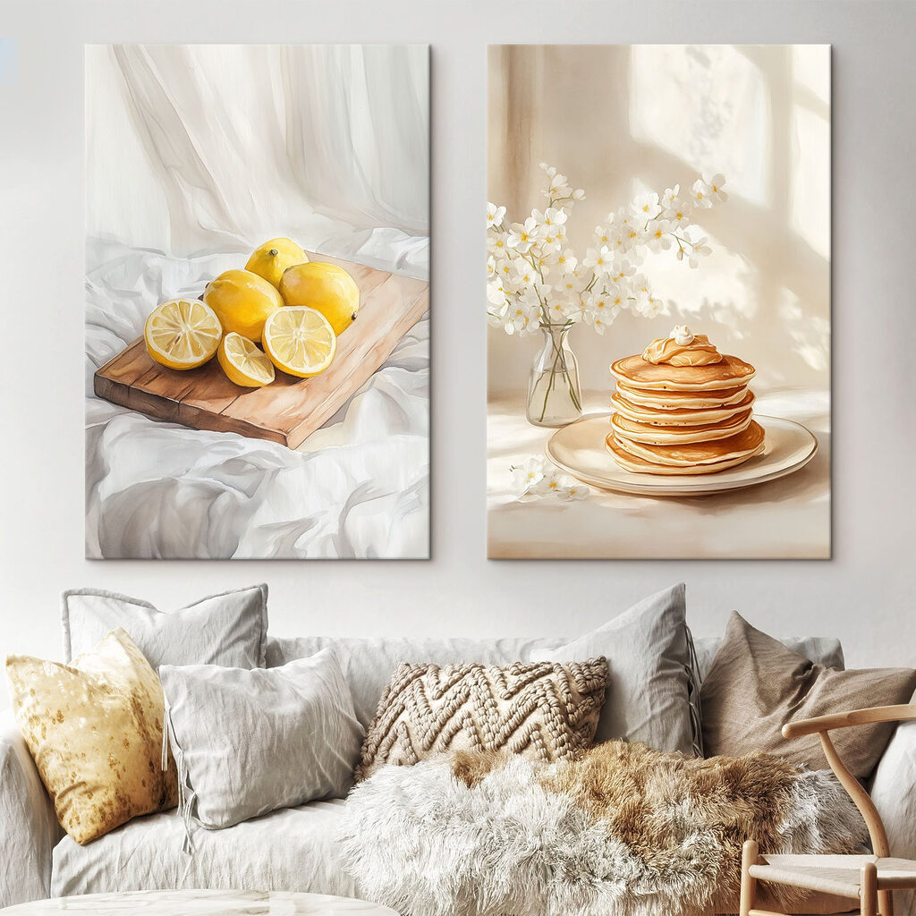 Lemons on a cutting board and a stack of pancakes Lemons on a cutting board and a stack of pancakes