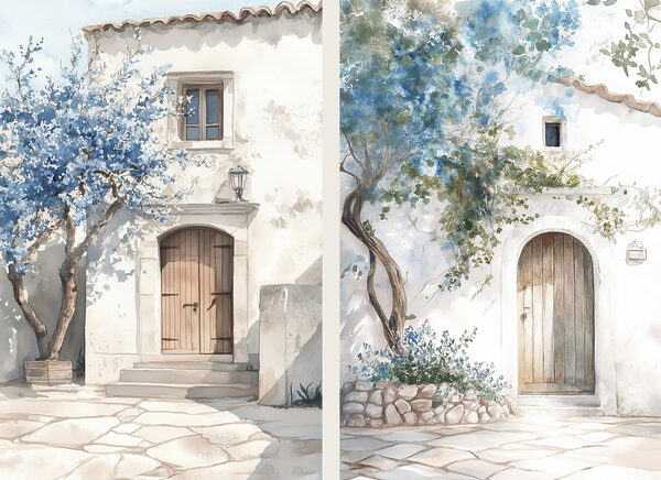 Watercolor painting of a house with a door and a doorway Watercolor painting of a house with a door and a doorway