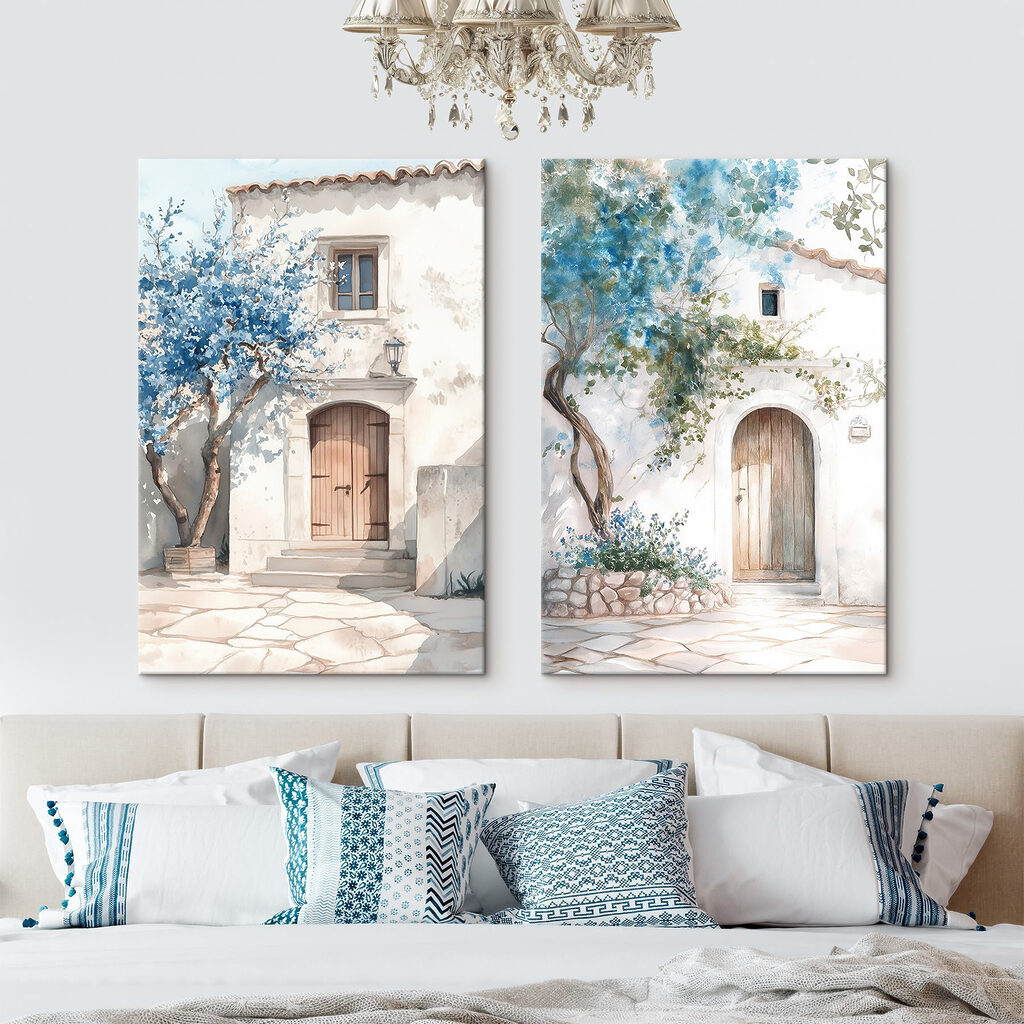 Watercolor painting of a house with a door and a doorway Watercolor painting of a house with a door and a doorway