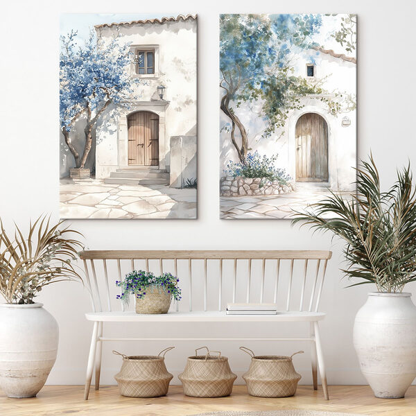 Watercolor painting of a house with a door and a doorway Watercolor painting of a house with a door and a doorway
