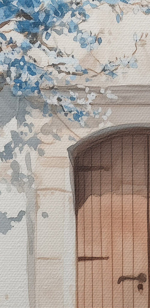 Watercolor painting of a house with a door and a doorway Watercolor painting of a house with a door and a doorway