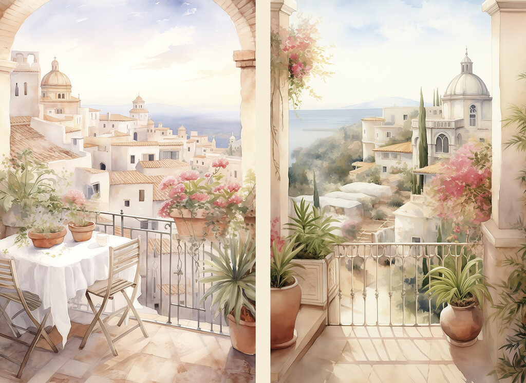 Painting of a balcony with a table and chairs and a balcony with a view of a town Painting of a balcony with a table and chairs and a balcony with a view of a town