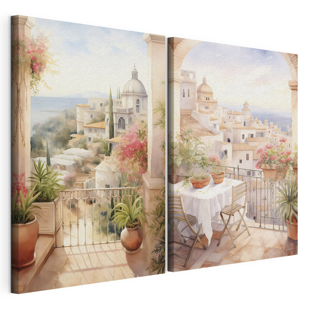Painting of a balcony with a table and chairs and a balcony with a view of a town Painting of a balcony with a table and chairs and a balcony with a view of a town