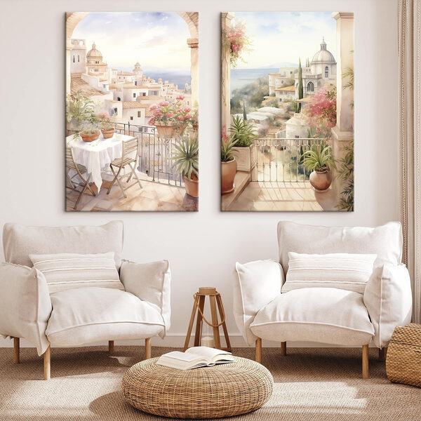 Painting of a balcony with a table and chairs and a balcony with a view of a town Painting of a balcony with a table and chairs and a balcony with a view of a town