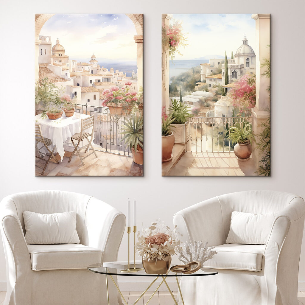 Painting of a balcony with a table and chairs and a balcony with a view of a town Painting of a balcony with a table and chairs and a balcony with a view of a town