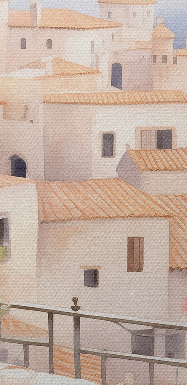 Painting of a balcony with a table and chairs and a balcony with a view of a town Painting of a balcony with a table and chairs and a balcony with a view of a town