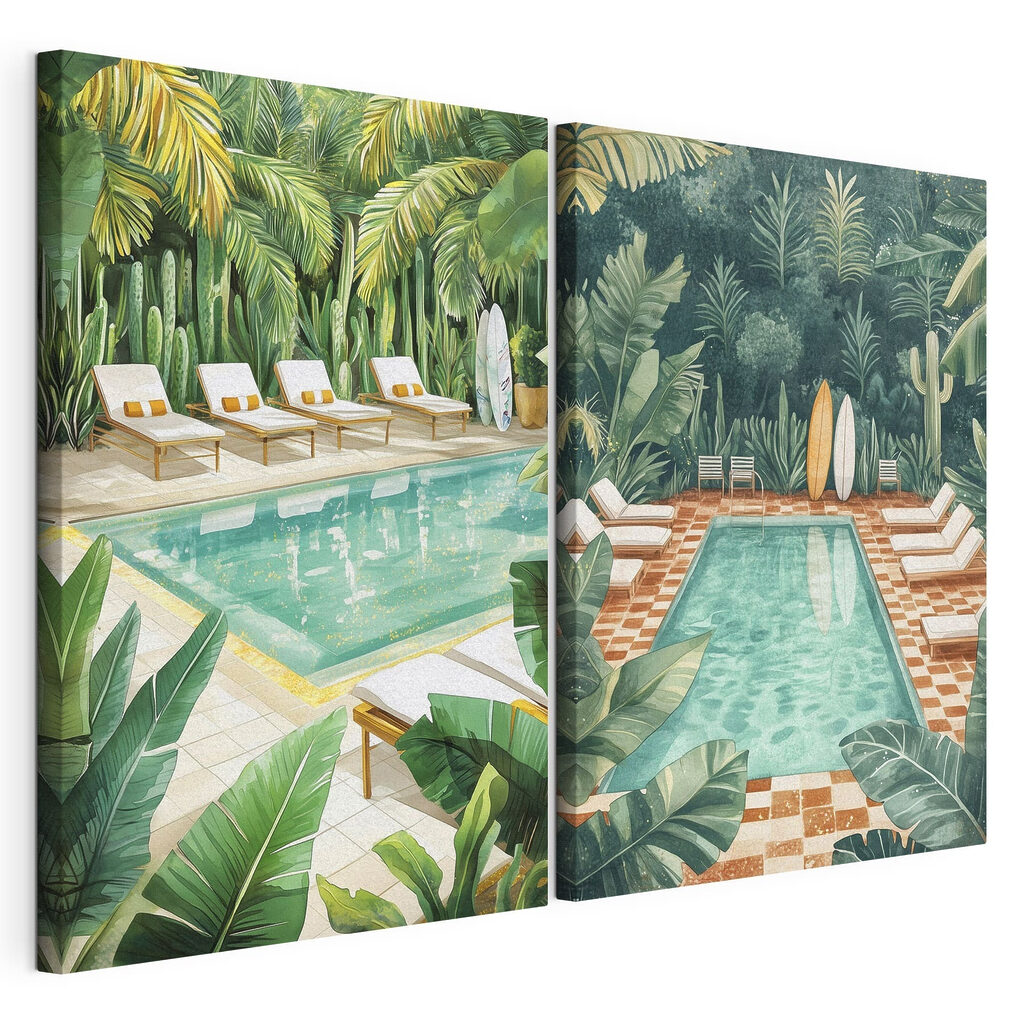 Pool and lounge chairs in a tropical area Pool and lounge chairs in a tropical area