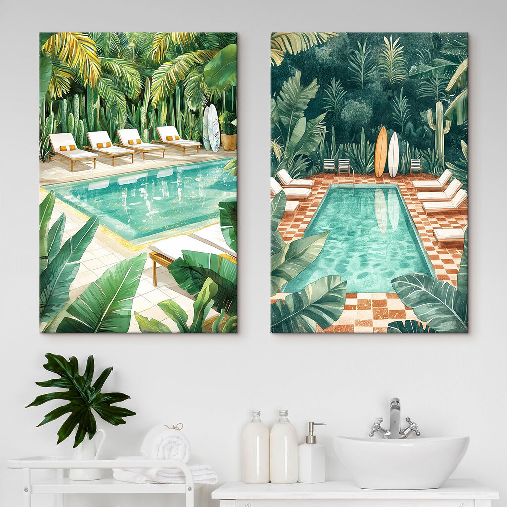 Pool and lounge chairs in a tropical area Pool and lounge chairs in a tropical area