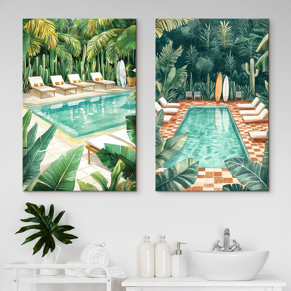 Pool and lounge chairs in a tropical area Pool and lounge chairs in a tropical area