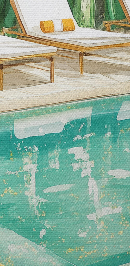 Pool and lounge chairs in a tropical area Pool and lounge chairs in a tropical area