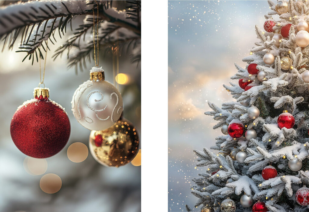 Festive ornaments hang on trees