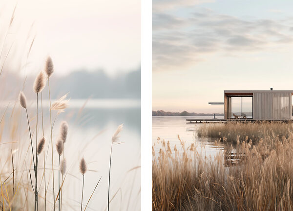 Lake with a dock and a small building