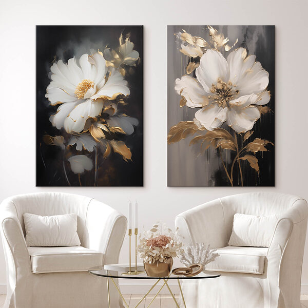 Two paintings of flowers on a black background Two paintings of flowers on a black background