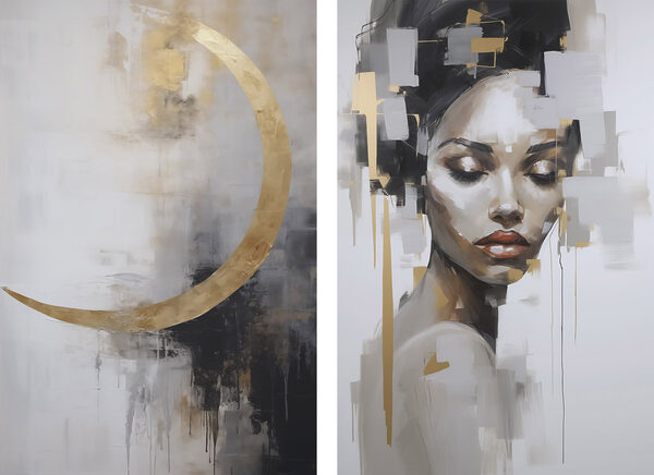 Painting of a woman and a painting of a moon