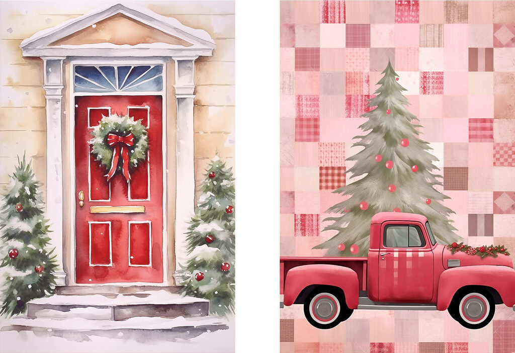 Red truck and a red door with a wreath and a red truck Red truck and a red door with a wreath and a red truck