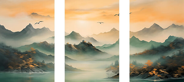 Group of mountains with water and birds flying Group of mountains with water and birds flying