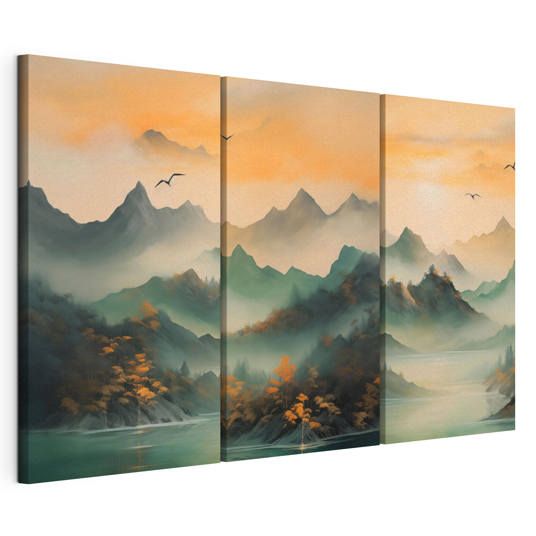 Group of mountains with water and birds flying Group of mountains with water and birds flying