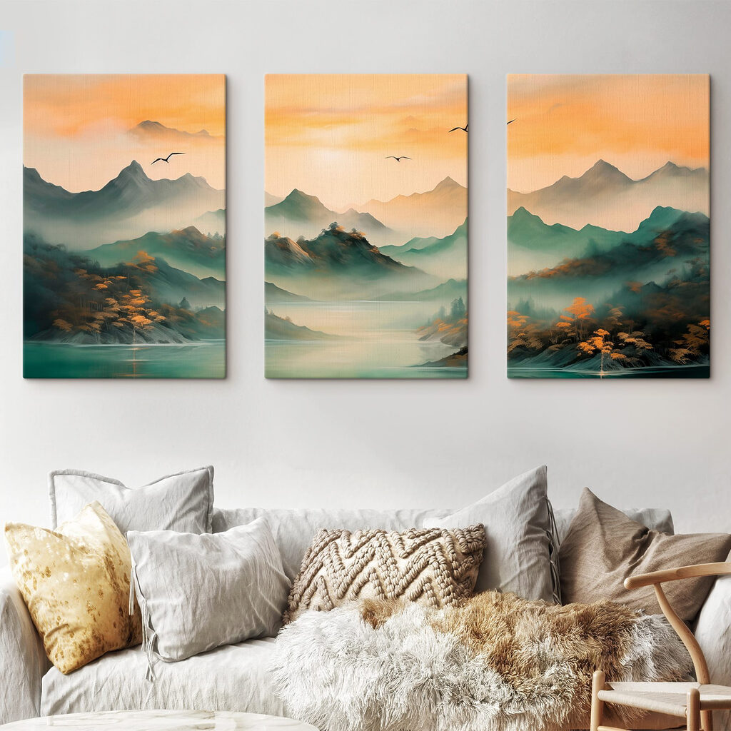 Group of mountains with water and birds flying Group of mountains with water and birds flying