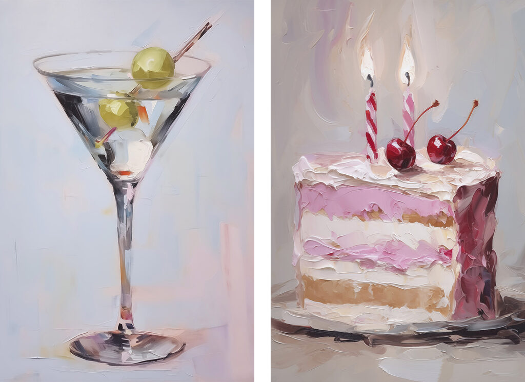 Painting of a cake and a martini glass with fruit on it