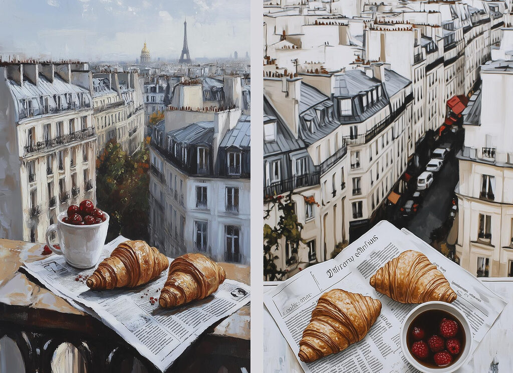Painting of a city with a croissant and a cup of fruit