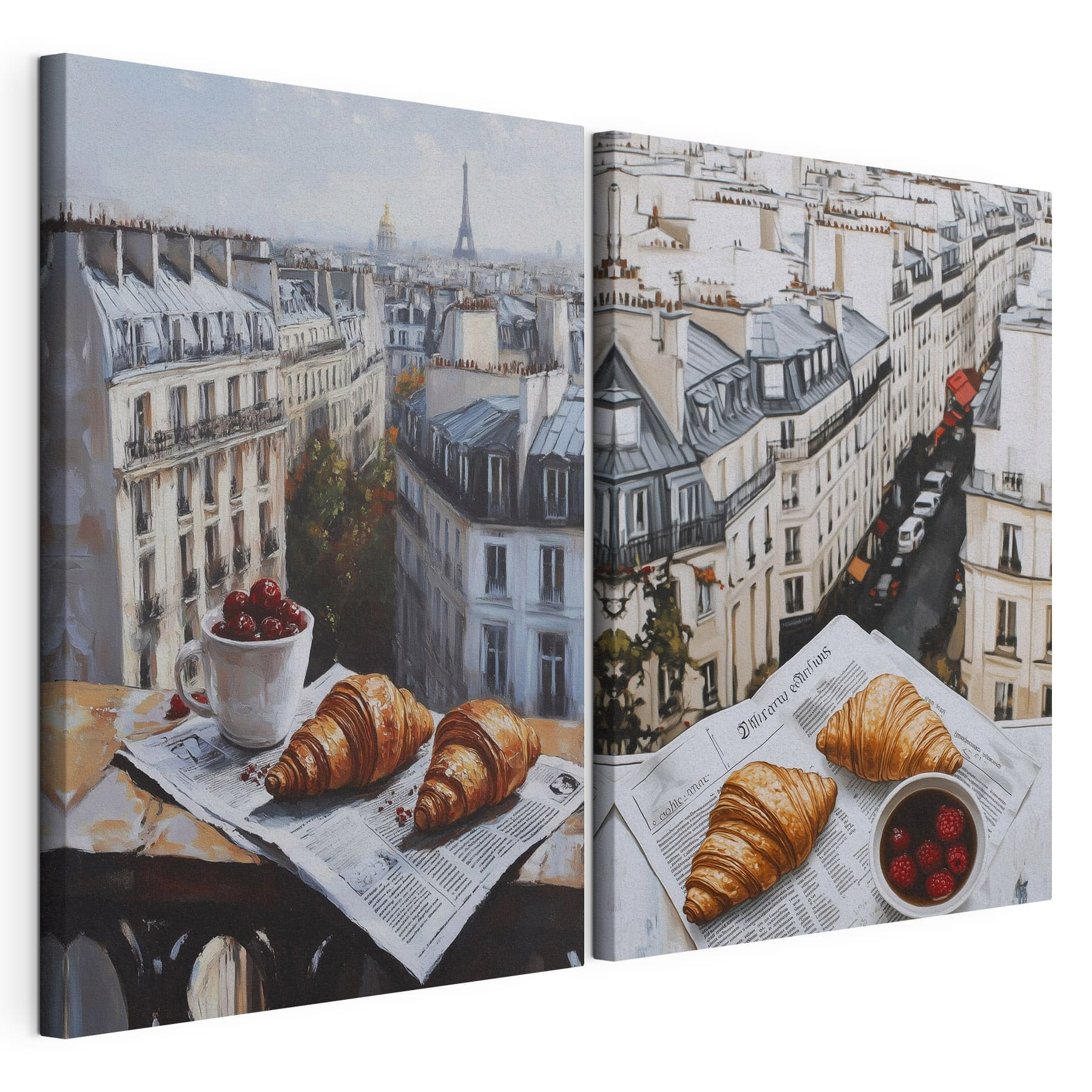 Painting of a city with a croissant and a cup of fruit
