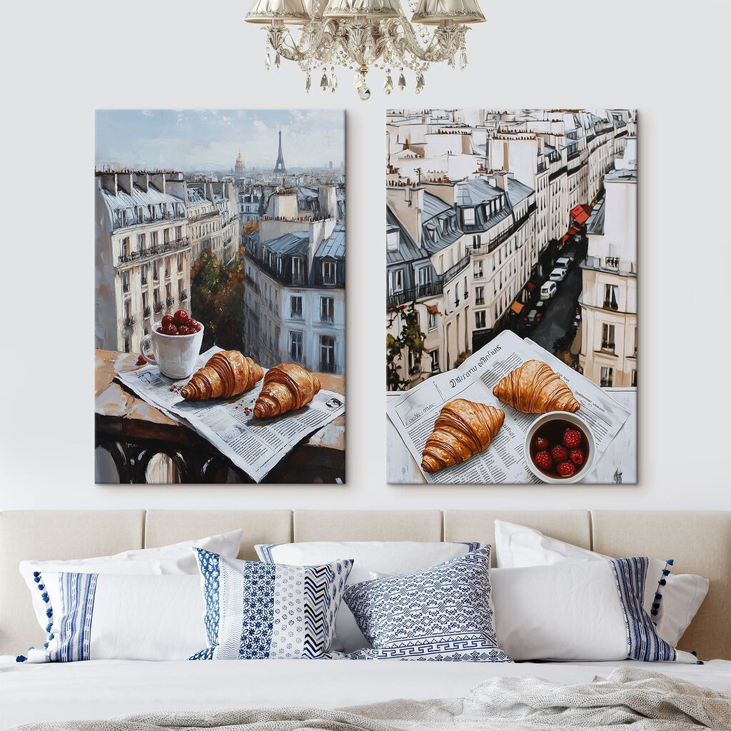 Painting of a city with a croissant and a cup of fruit