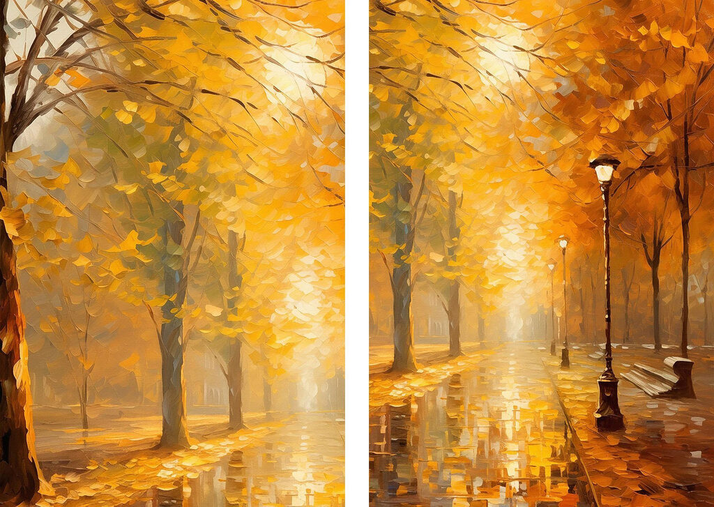 Painting of a street with trees and a lamp post