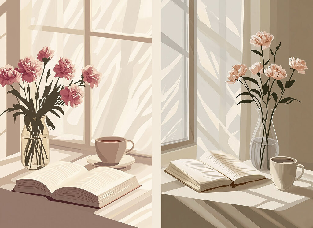 Vase of flowers and a book on a window sill Vase of flowers and a book on a window sill