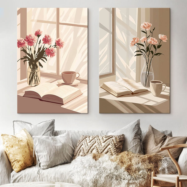 Vase of flowers and a book on a window sill Vase of flowers and a book on a window sill