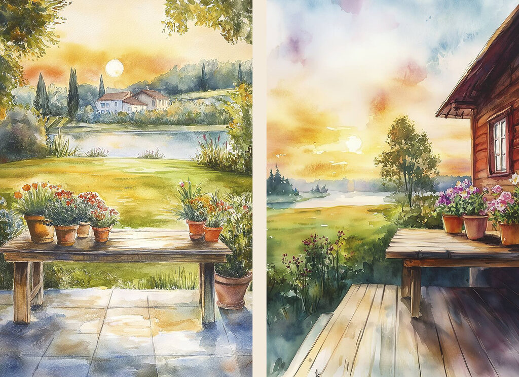 Watercolor painting of a house and a table with flowers Watercolor painting of a house and a table with flowers