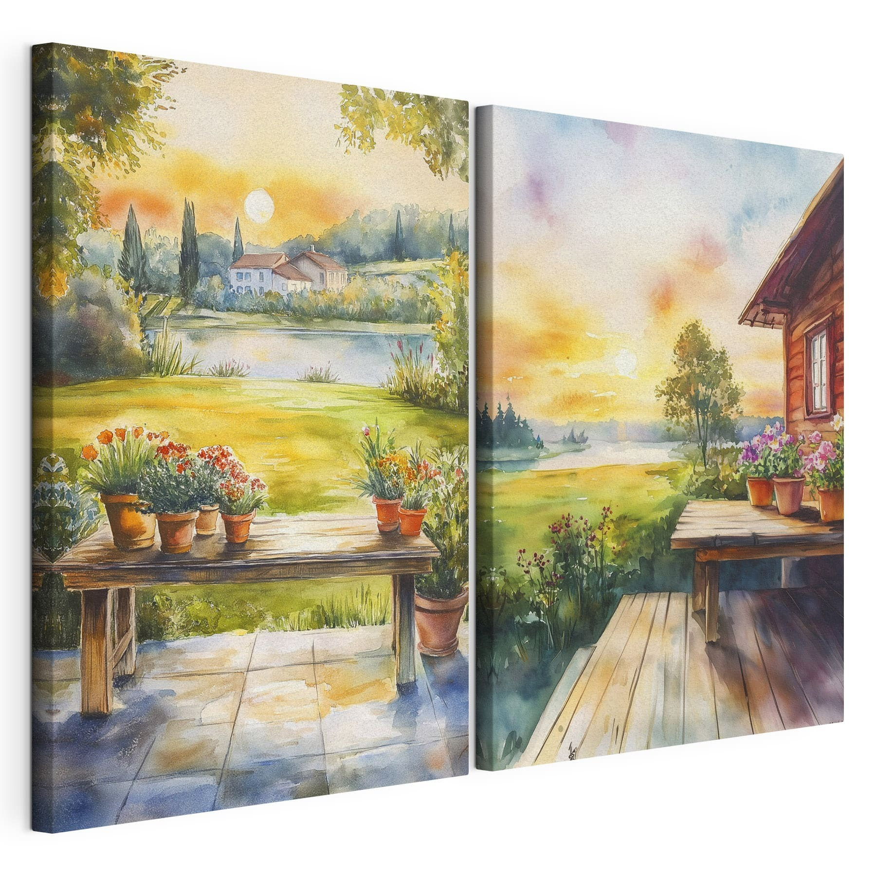 Watercolor painting of a house and a table with flowers Watercolor painting of a house and a table with flowers