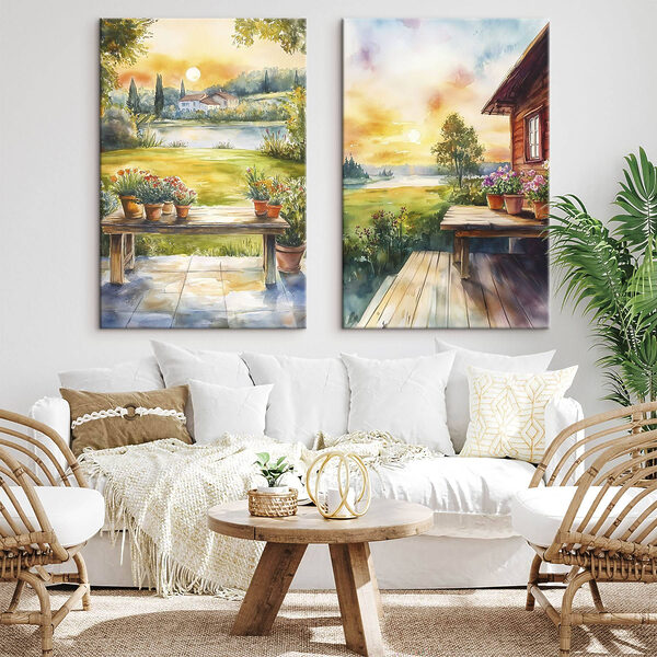 Watercolor painting of a house and a table with flowers Watercolor painting of a house and a table with flowers
