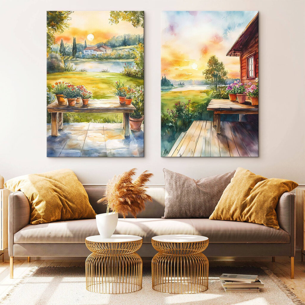 Watercolor painting of a house and a table with flowers Watercolor painting of a house and a table with flowers