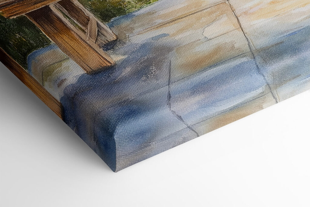 Watercolor painting of a house and a table with flowers Watercolor painting of a house and a table with flowers