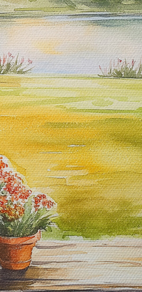 Watercolor painting of a house and a table with flowers Watercolor painting of a house and a table with flowers