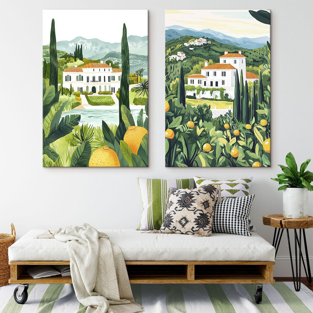 Painting of a house and a river Painting of a house and a river