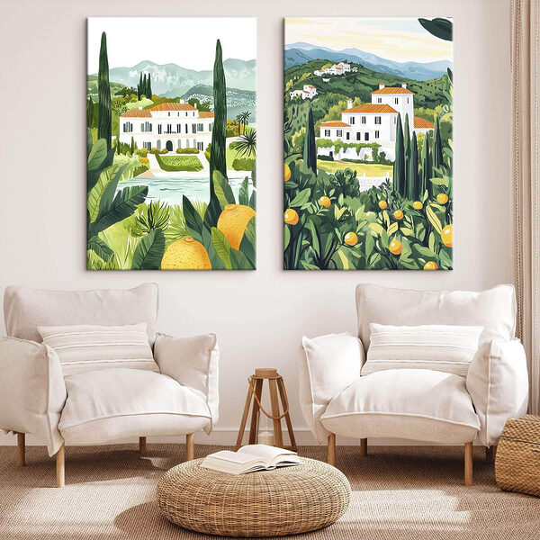 Painting of a house and a river Painting of a house and a river