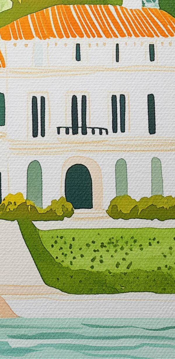Painting of a house and a river Painting of a house and a river