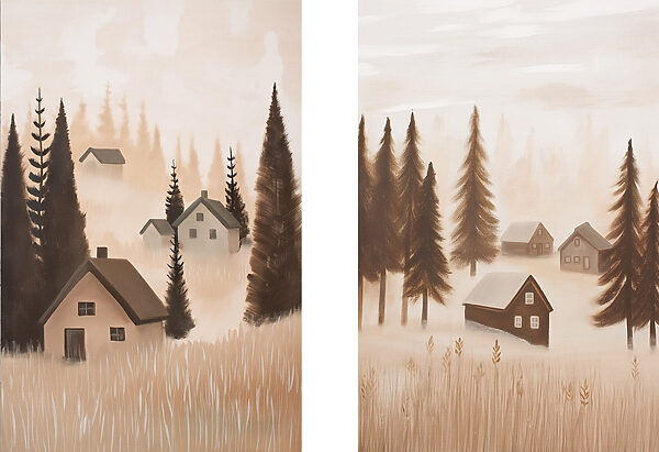 Painting of a village in the fog