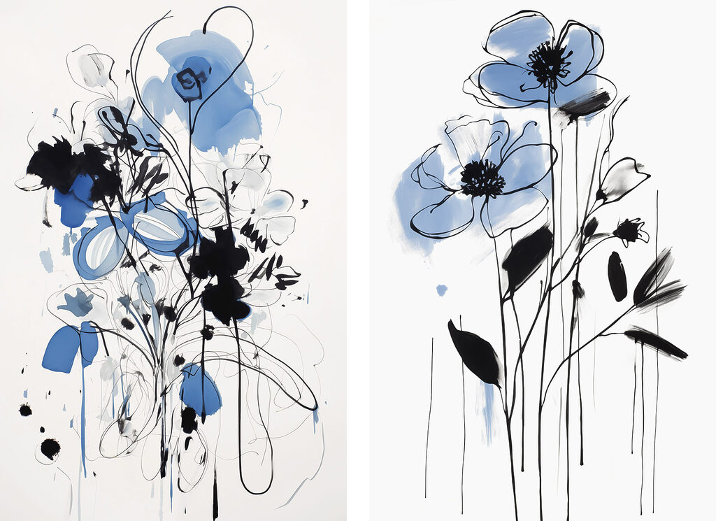 Painting of flowers with black and blue paint Painting of flowers with black and blue paint