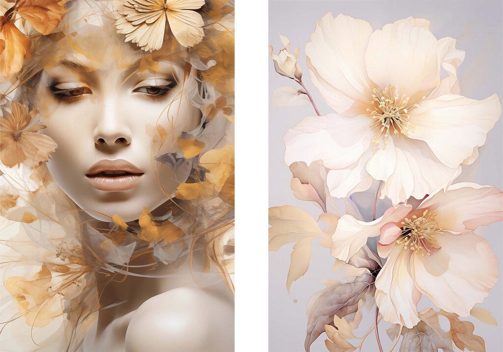 Woman with flowers and a mannequin Woman with flowers and a mannequin