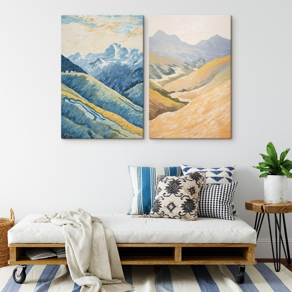 Painting of mountains and a river