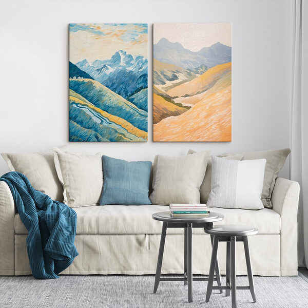 Painting of mountains and a river