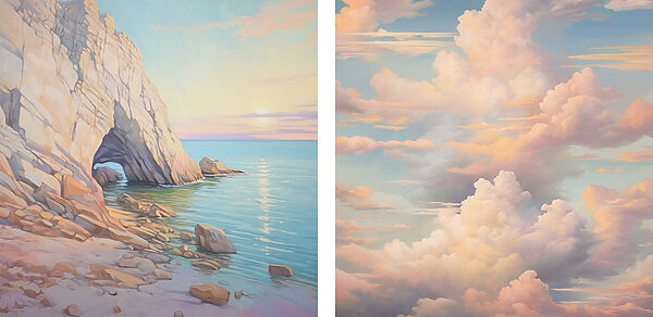 Painting of a beach and a rocky shore Painting of a beach and a rocky shore