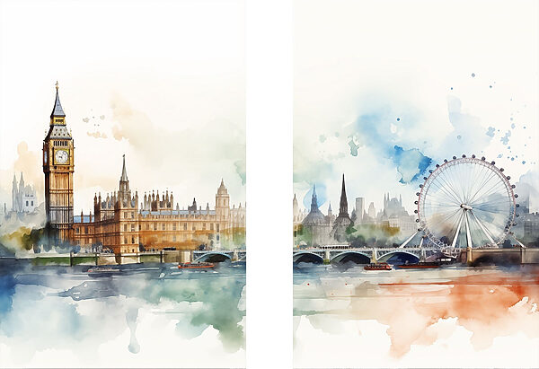 Watercolor of a city and a ferris wheel