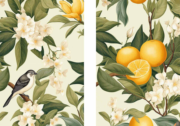Two images of oranges and flowers